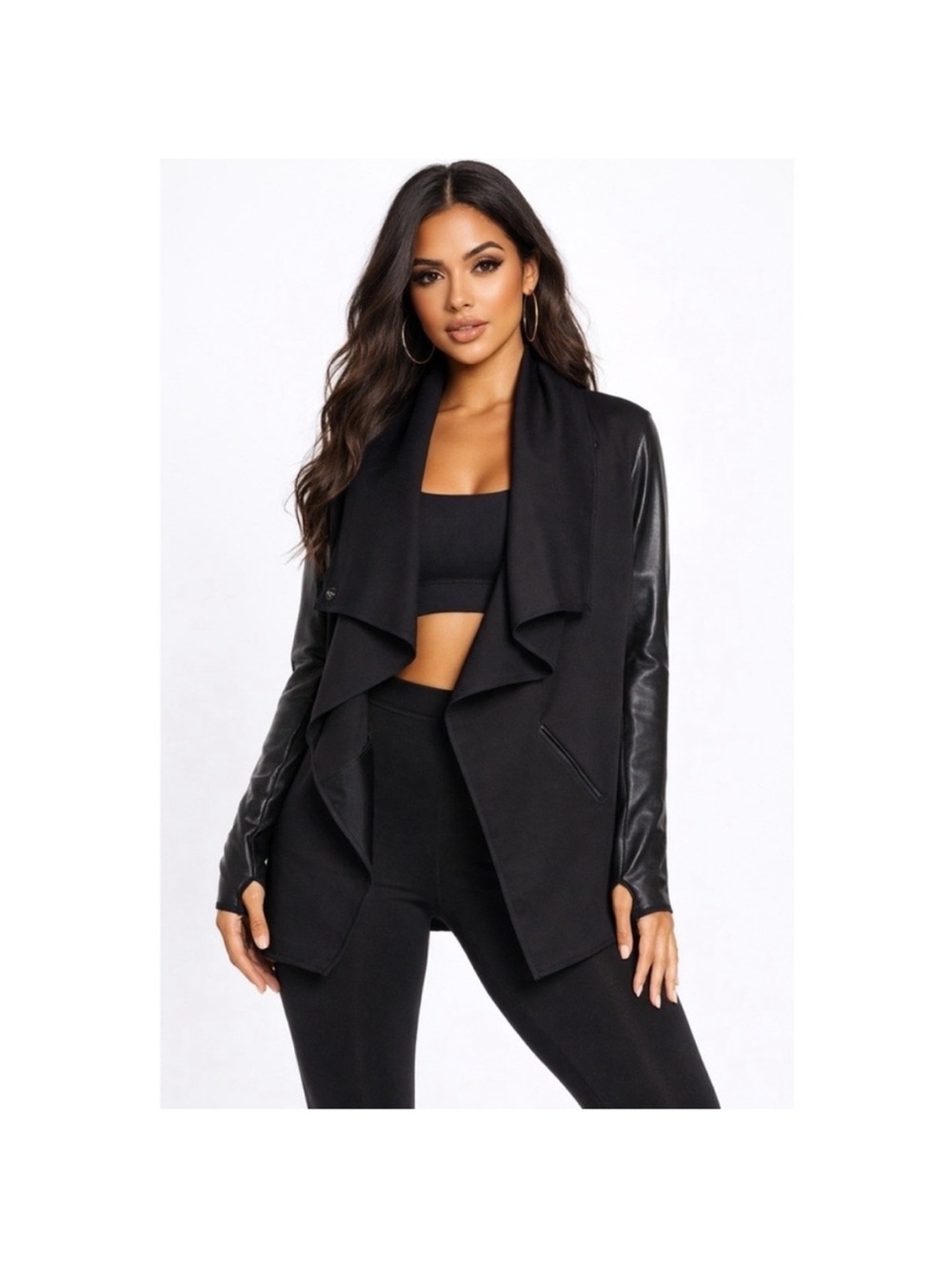 SPANX Black Draped Ponte Jacket with Faux Leather Sleeves